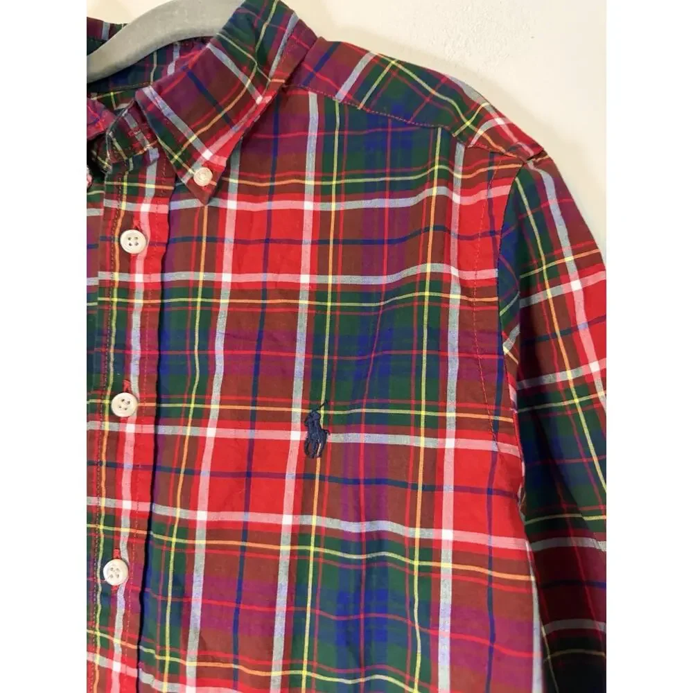 Ralph Lauren Holiday Polo Plaid Button Down Oxford Shirt Red Green Boys M 8-10